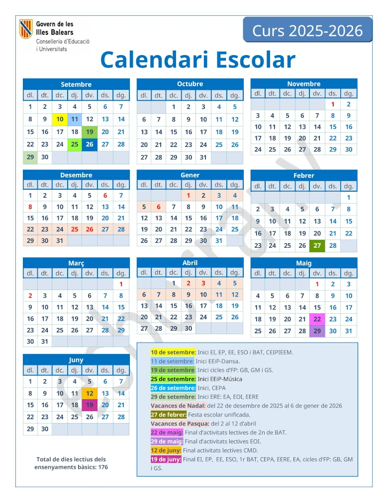School calendar Balearic Islands 2025-2026