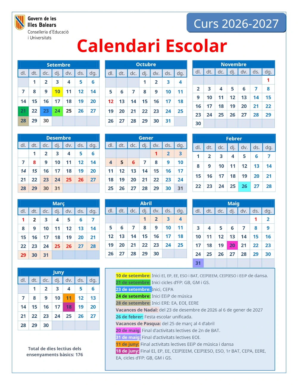 2026-2027 school calendar Balearic Islands