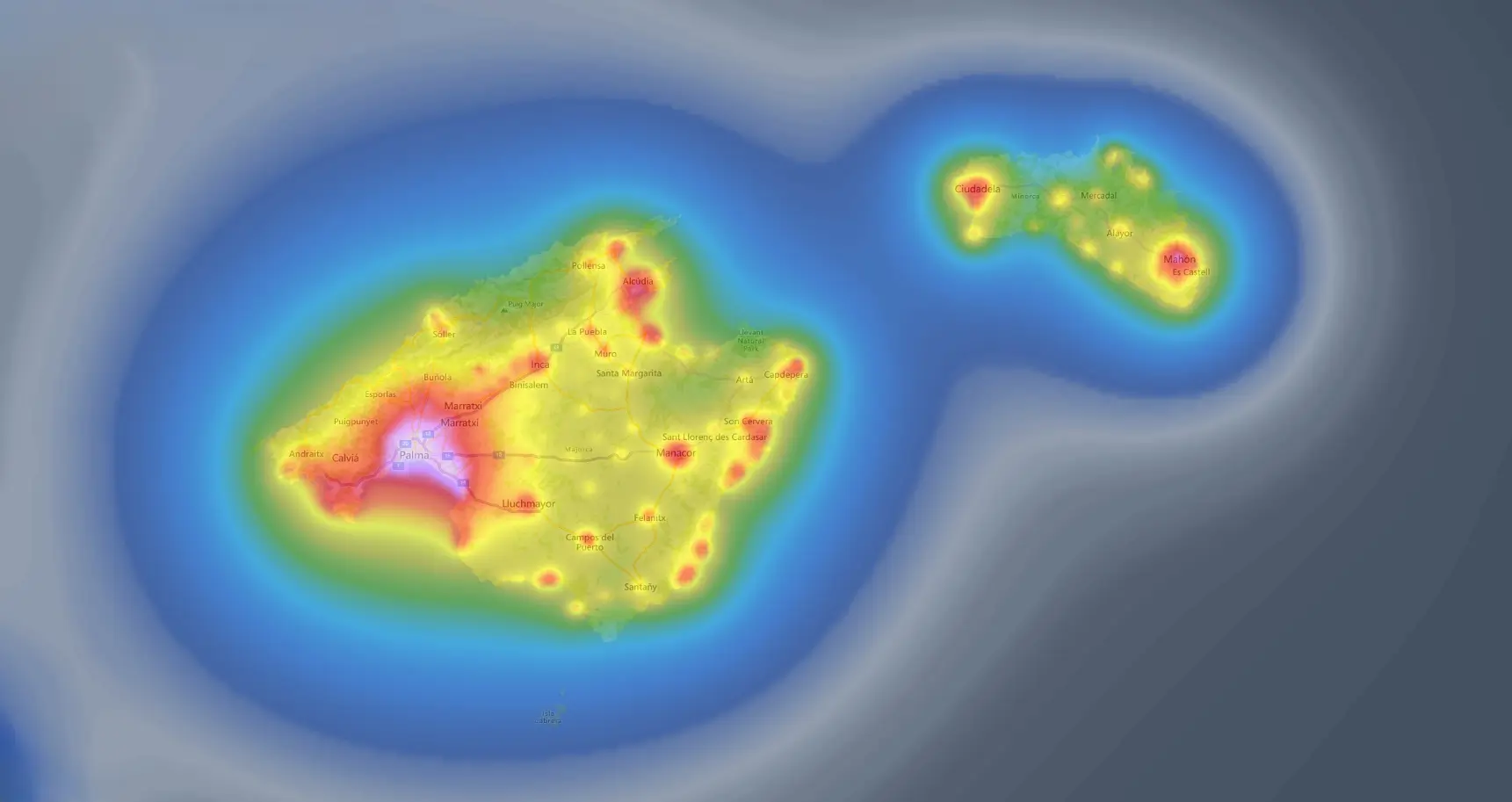 El mapa lumínico de Baleares muestra los lugares con mayor contaminación lumínica de las islas.