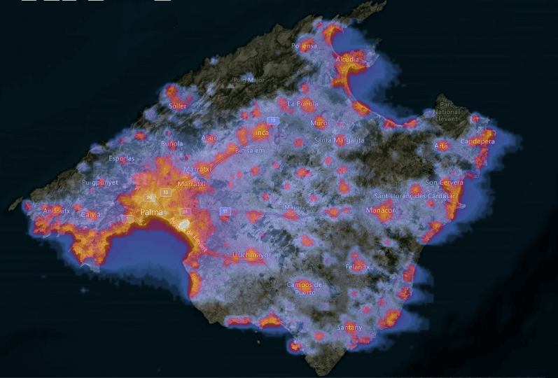 perseidas mallorca 2023, mapa de contaminación lumínica